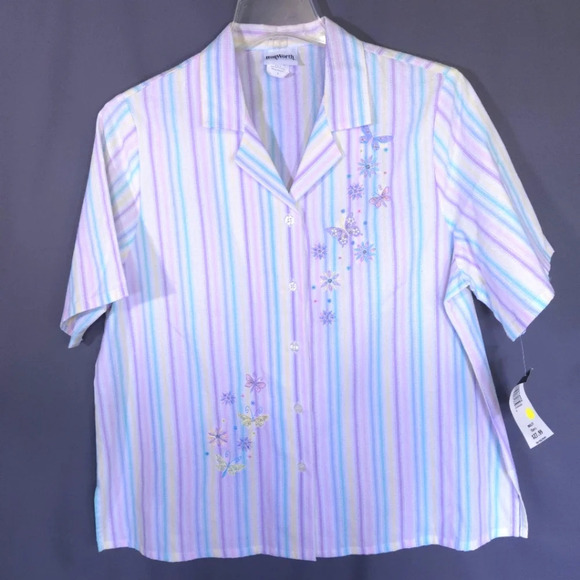 NWT BonWorth‎ Button Down Top Womens Size Large Striped Fairy Floral Dragonfly - Picture 1 of 8
